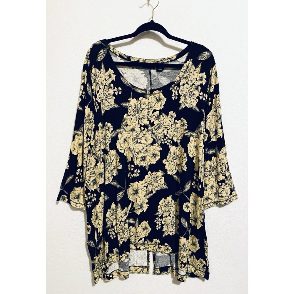 Adrienne Vittadini Top Womens 3X Black Yellow Floral 3/4 Sleeve Stretchy Boho